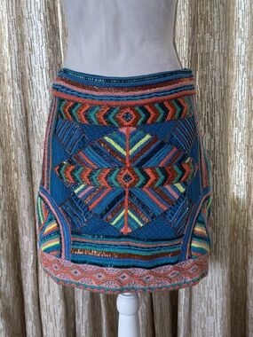 Pia Pauro Embroidered Blue Geo Pattern Mini Skirt